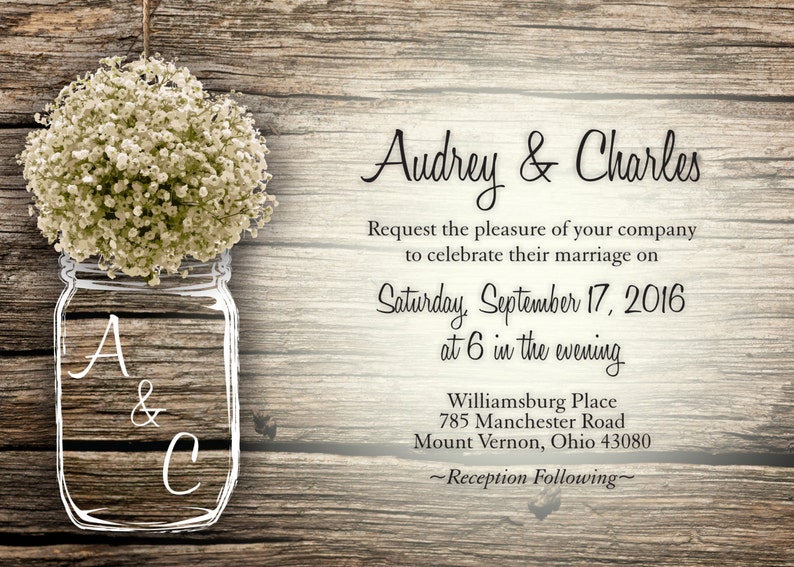 MASON JAR Baby's Breath Flowers Rustic Wedding Invitation Set Printed, Cheap Wedding Invitations, Unique, Custom Invitations, Affordable image 2