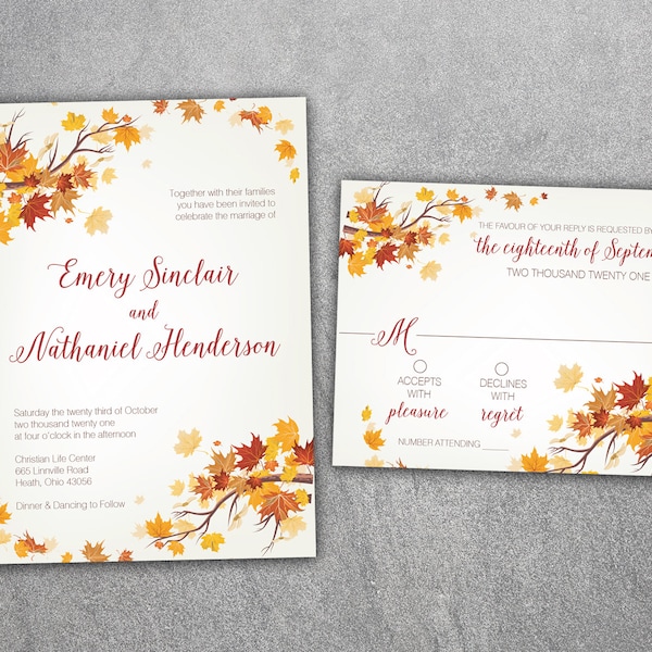 Affordable Autumn Wedding Invitation Set, Cheap Fall Wedding Invitation, September Wedding Invitations, Leaves, October, Maroon and Orange