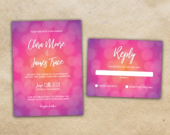 Sunset Wedding Invitation Set, Wedding Invitations, Beach, Lights, Summer, Outdoor, Purple, Pink, Orange