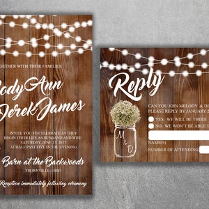 Country Wedding Invitations Set Printed, Rustic Wedding Invitation, Burlap, Kraft, Wood, Lights, Outside, Southern, Mason Jar, Barn