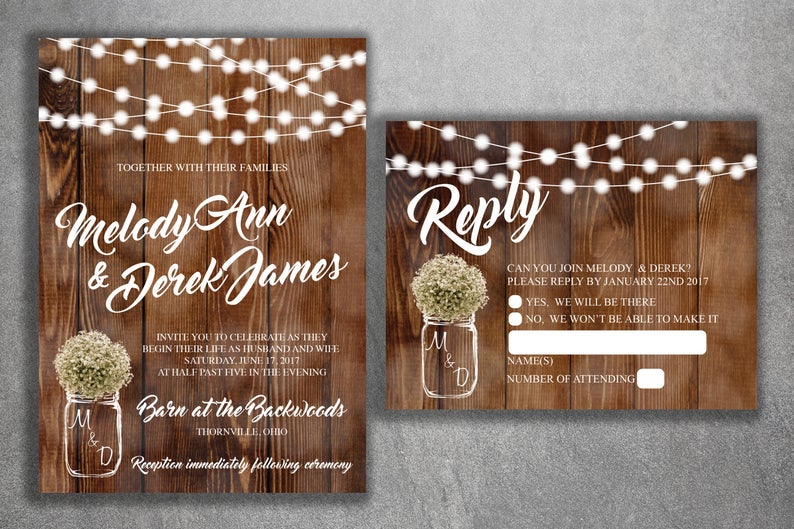 Country Wedding Invitations Set Printed, Rustic Wedding Invitation, Burlap, Kraft, Wood, Lights, Outside, Southern, Mason Jar, Barn 