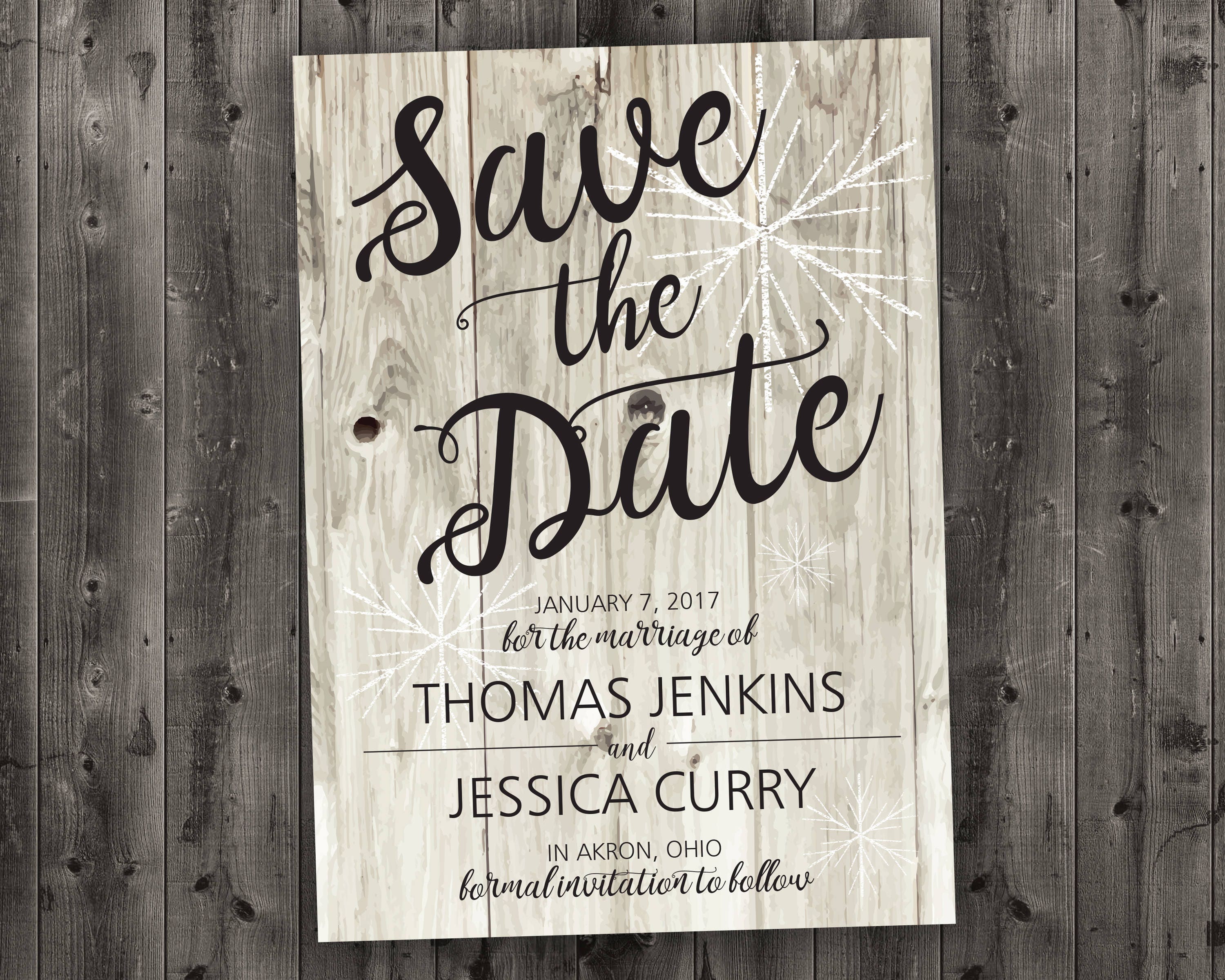 barn wood winter wedding save the date printed snow white barn winter wedding save the date