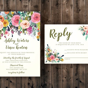 Floral Wedding Invitations Set Printed, Rustic Wedding Invitation, Outside, Southern, Flower Arrangement