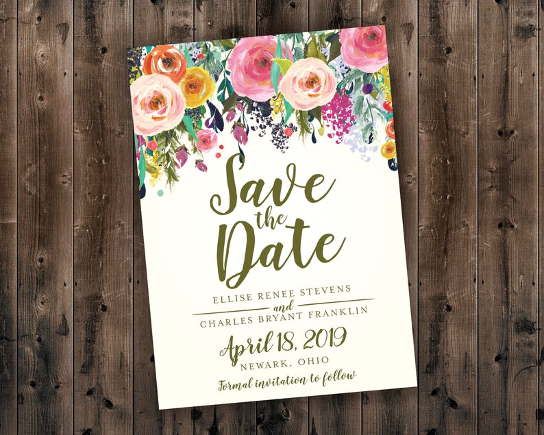 Floral Wedding Save the Date Printed Wedding Save the Date, Affordable, Vintage, Floral, Country, Water Color, Flowers, Cheap, Summer image 1