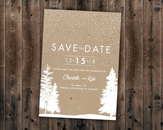 December Christmas Affordable Woodsy January Cheap Kraft Woods Tree Rustic Winter Wedding Save the Date Printed Snow