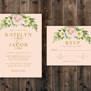 Pink Flowers, Wedding Invitations Set Printed, Elegant Floral Country Wedding Invitation, Southern, Summer