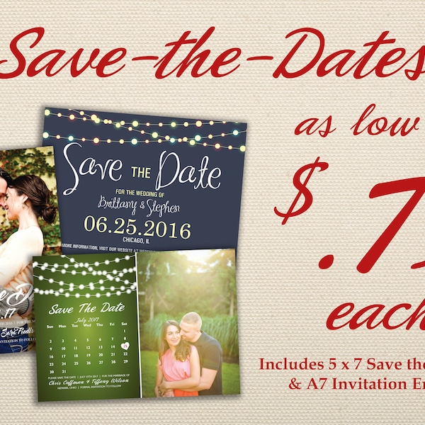 Affordable Save the Date Cards Printed with Envelopes - Photo Card, Calendar, Postcard, Wedding Announcement, Customizable, Cheap, Elegant