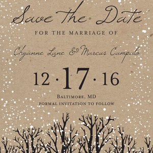 Winter Wedding Save the Date Printed, Snow, Woodsy, Rustic, Tree, Cheap, Woods, Affordable, Kraft, December, January, Christmas image 2