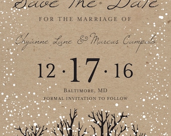 December Christmas Affordable Woodsy January Cheap Kraft Woods Tree Rustic Winter Wedding Save the Date Printed Snow