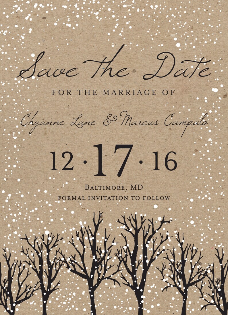 Winter Wedding Save the Date Printed, Snow, Woodsy, Rustic, Tree, Cheap, Woods, Affordable, Kraft, December, January, Christmas image 2