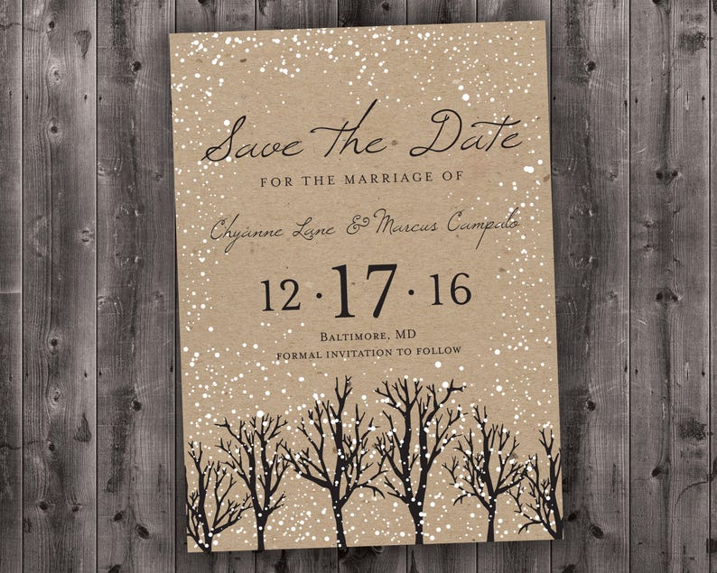 Winter Wedding Save the Date Printed, Snow, Woodsy, Rustic, Tree, Cheap, Woods, Affordable, Kraft, December, January, Christmas image 1