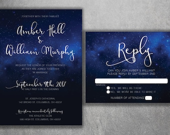 Stars Wedding Invitation, Night Sky Wedding Invitation, Stars, Summer, Blue and White, Dream, Wedding Invite, Summer Wedding Invitation