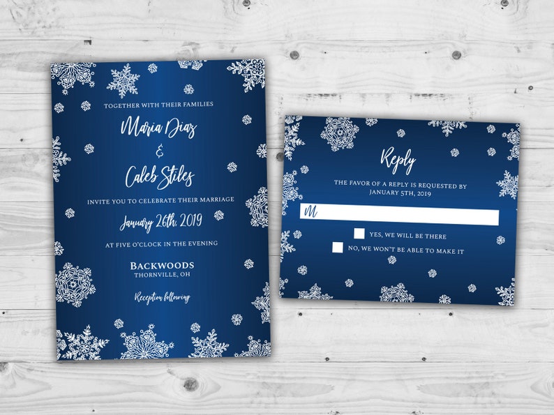 Winter Wedding Invitations, Snowflake Wedding Invitations, Snow Fall Wedding Invitations, Navy & White image 1