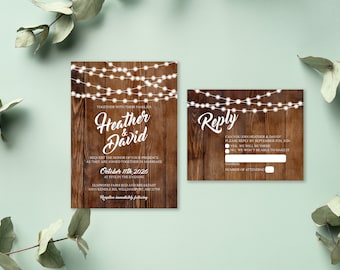 Rustic Wedding Invitations, Burlap, Kraft, Wood, Country Wedding Invitation, Affordable, Woodsy, Lights, Summer, Southern, Wedding Invite