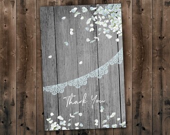 Gray Wood Wedding Thank You Card, Vintage Wedding Invitations, Rustic Wedding, Flowers, Lace, Country, Classic, Thank You Set