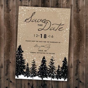 Boda de Invierno Guardar la Fecha, Nieve, Amaderado, Rústico, Árbol, Barato, Maderas, Asequible, Kraft, Diciembre, Enero, Navidad, Descarga Digital