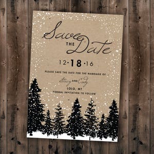 Winter Wedding Save the Date Printed, Snow, Woodsy, Rustic, Tree, Cheap, Woods, Affordable, Kraft, December, January, Christmas