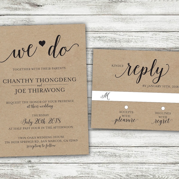 We Do Country Wedding Invitations Set Printed, Rustic Wedding Invitation, Burlap, Kraft, Wood, Outside, Southern Wedding Invitations, Heart