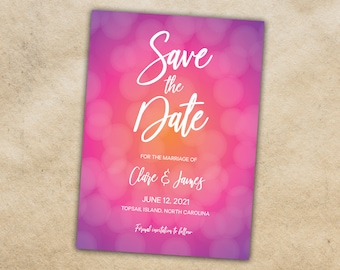 Sunset Save the Date Set, Beach, Lights, Summer, Outdoor, Purple, Pink, Orange, Postcard/Magnet option available