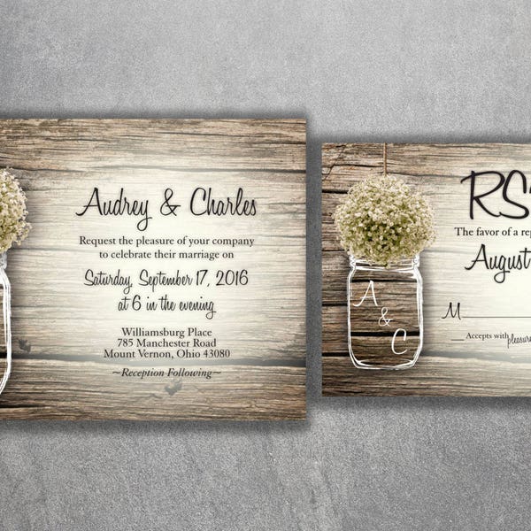 Country Wedding Invitation, Rustic Wedding Invite, Baby's Breath, Mason Jar Wedding Invitations, Wood, Wedding Card Cheap, Digital Download