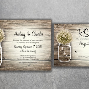 MASON JAR Baby's Breath Flowers Rustic Wedding Invitation Set Printed, Cheap Wedding Invitations, Unique, Custom Invitations, Affordable image 1