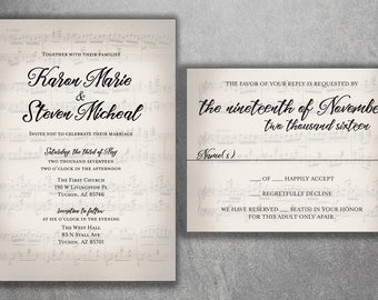 Musical Wedding Invitation set Printed, Sheet Music Wedding Invitation, RSVP, Music Notes, Invite with RSVP, Song