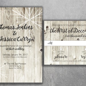 Rustic Winter Wedding Invitations, Snow Wedding Invitation, Rustic, Tree, Wood, Kraft, Snowflakes, Barn Wood Invite, Christmas Themed Invite image 1