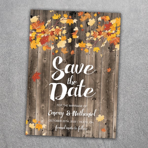 Fall Leaves Rustic Country Save the Date Cards, Wedding Save The Date Set, Wedding Announcement, Barn Wood, Postcard, Autumn