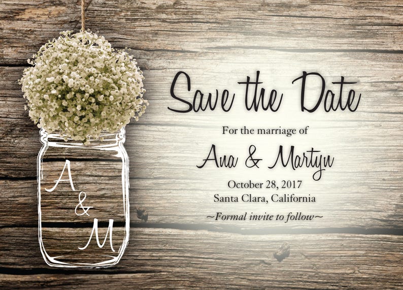 MASON JAR Baby's Breath Flowers Rustic Save the Date Printed Wedding Save The Date, Affordable, Cheap, Wood, Summer, Outside image 2