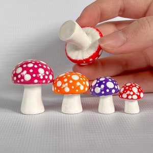 Mushroom clay figurines set!! 4 varied magenta, red, orange, and purple small sizes - for desk, room & fairy garden decor