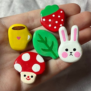 Cute Cartoony Pins!! Polymer clay bunnies, mushrooms, leaf, coffee, & strawberry