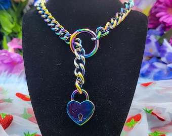 Rainbow Metal - Heart Locked O-Ring Slip Chain / Fidget Choker/Collar