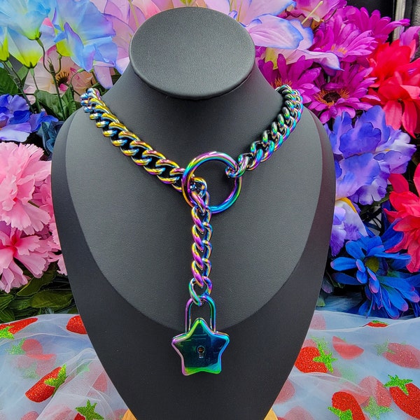 Rainbow Metal - O-ring slipketting met stersluiting / Fidget choker/kraag