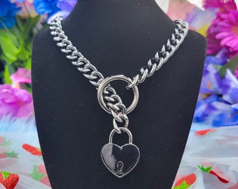 Gunmetal - Heart Locked O-Ring Slip Chain / Fidget Choker/Collar