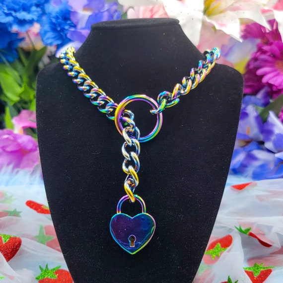 O Ring Heart Lock Choker Rainbow Metal Heart Locked O-Ring Slip