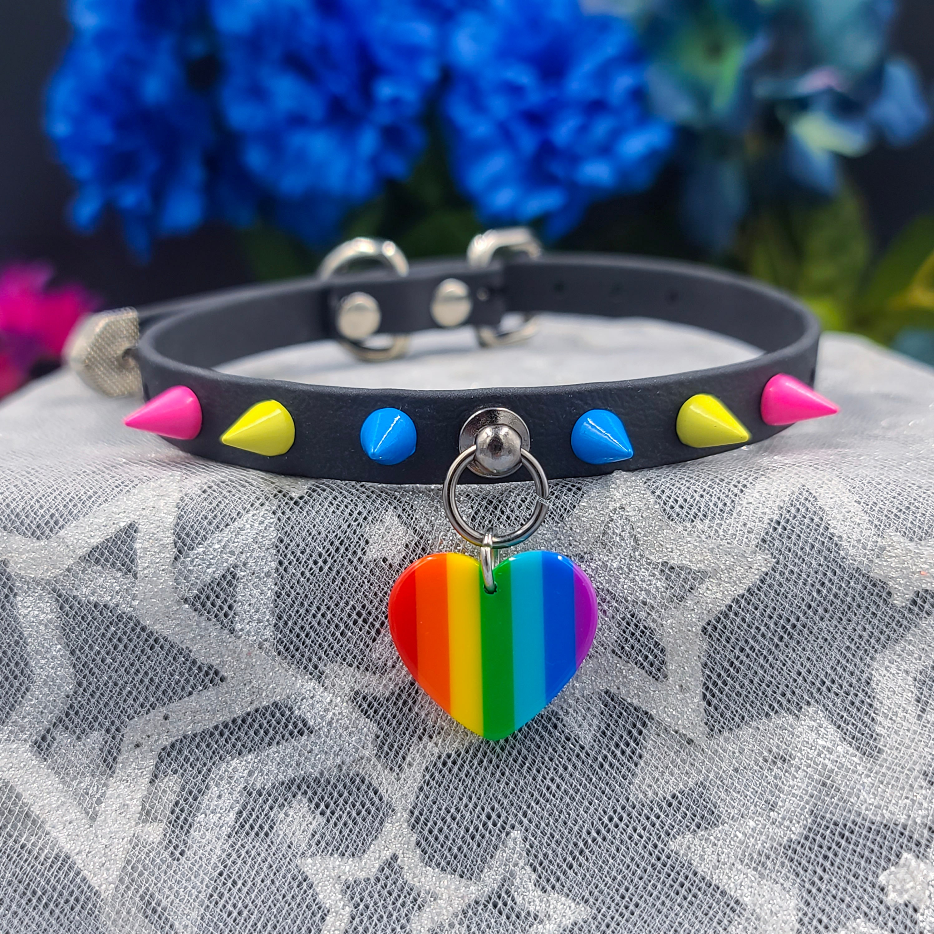 Spiked Pride Pansexual // Vegan Faux Leather Buckling Collar choker // petplay kittenplay ddlg bdsm