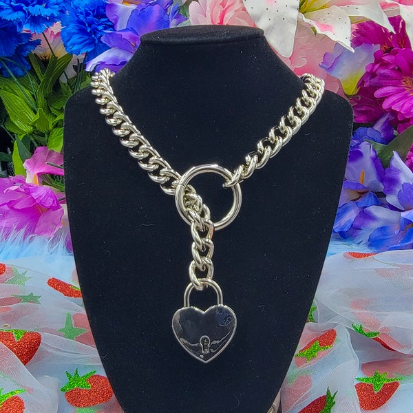 Silver - Heart Locked O-Ring Slip Chain Choker/Collar