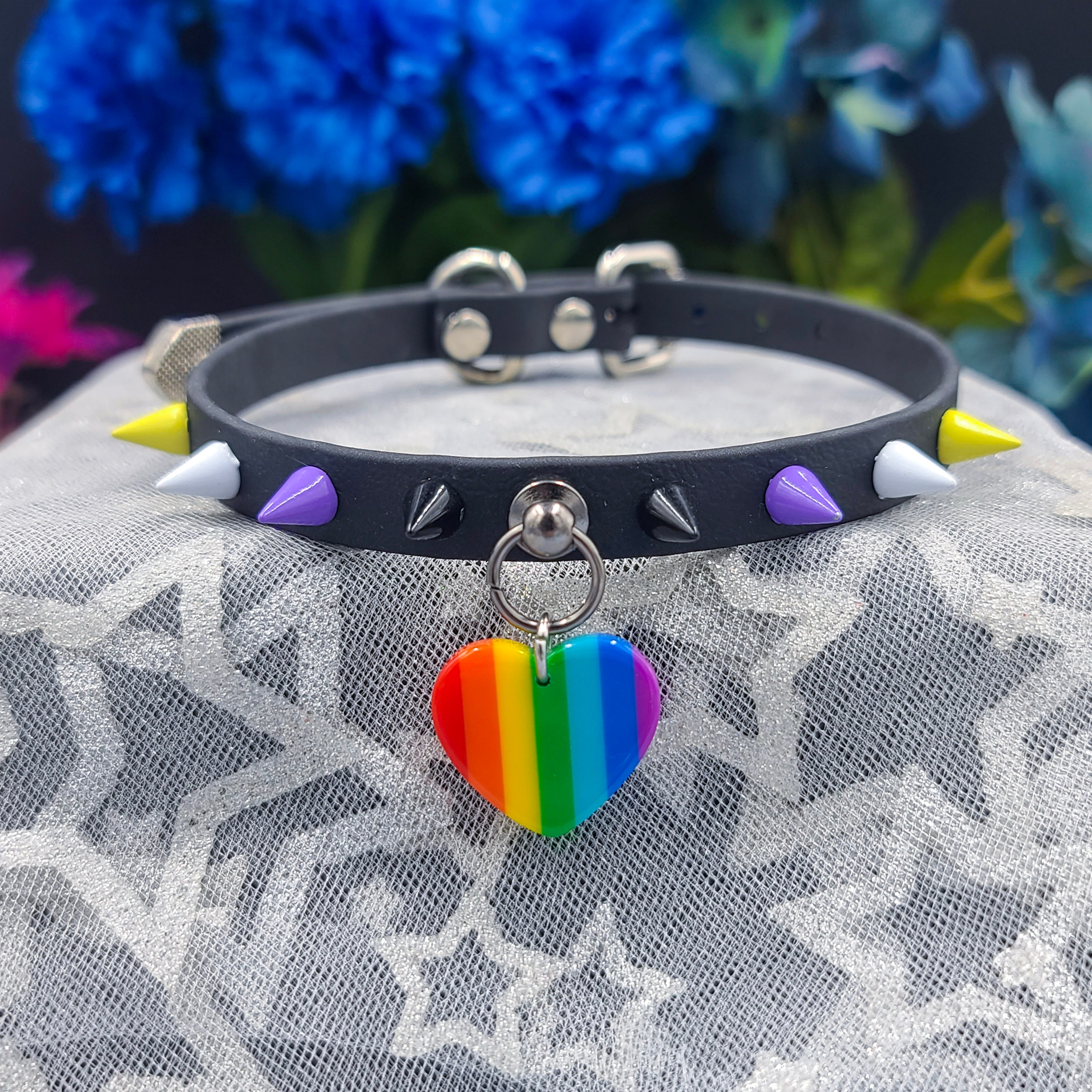 Spiked Pride NonBinary // Vegan Faux Leather Buckling Collar choker // petplay kittenplay ddlg bdsm