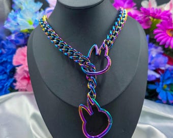 Rainbow Metal - Bunny Rabbit Ring Slip Chain / Fidget Choker/Collar