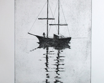 El Barco - eine große Radierung mit Aquarell von David Moskow