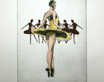Ballett - eine wundervolle große Radierung mit Aquarell von David Moskow.