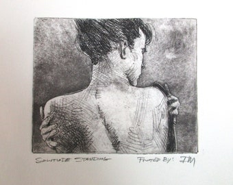 Solitude Standing - a beautiful etching by my father, Walter Moskow - Presentation choices: Unmatted or matted, you choose...