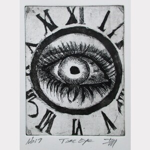 May include: Black and white print of an eye with Roman numerals around it. The print is titled "Time Eye" and numbered "No. 19".