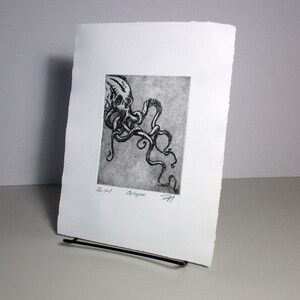 Puede incluir: Un grabado en blanco y negro de un pulpo. La obra de arte se presenta sobre papel blanco con un borde rugoso. El pulpo est&aacute; representado con tent&aacute;culos detallados y una cabeza en forma de calavera. La impresi&oacute;n se titula "Octopus" y est&aacute; firmada.