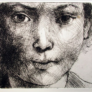 May include: A black and white line drawing of a person's face. The person has short hair and is looking directly at the viewer. The drawing is done in a realistic style.
