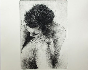 Siren Song - a beautiful etching by my father, Walter Moskow - Presentation choices: Unmatted or matted, you choose...