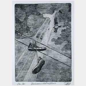 May include: Black and white etching of two shoes hanging from wires against a cloudy sky background. The text "Between Soft Hills" is visible in the lower right corner.