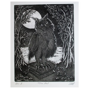 The Owl - a large whimsical etching by David Moskow.