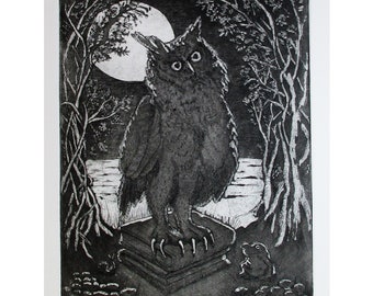 The Owl - a large whimsical etching by David Moskow.