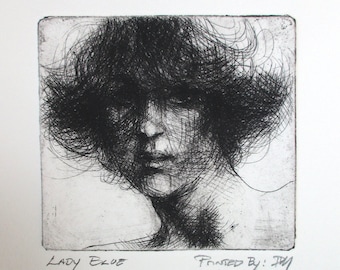 Lady Blue - a lovely etching by my father, Walter Moskow - Presentation choices: Unmatted or matted, you choose...
